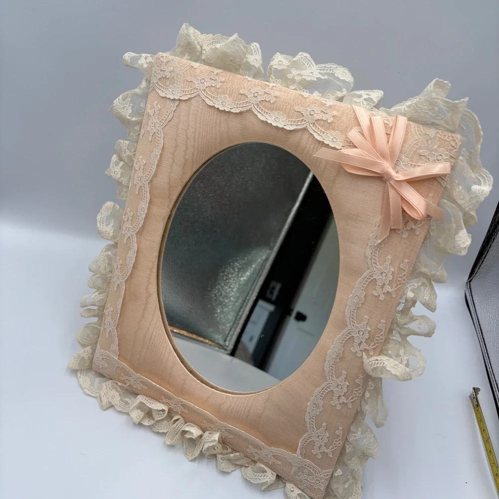 Vintage 80s Shabby Chic Peach Moire Silk Lace Ruffle Tabletop Frame Mirror